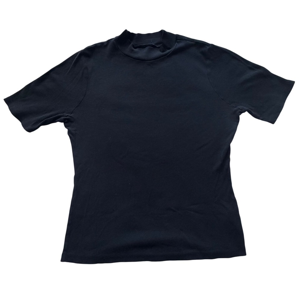 Black‎ Mock Neck Ribbed Short Sleeve Top Tee Shirt Essential Layering Piece